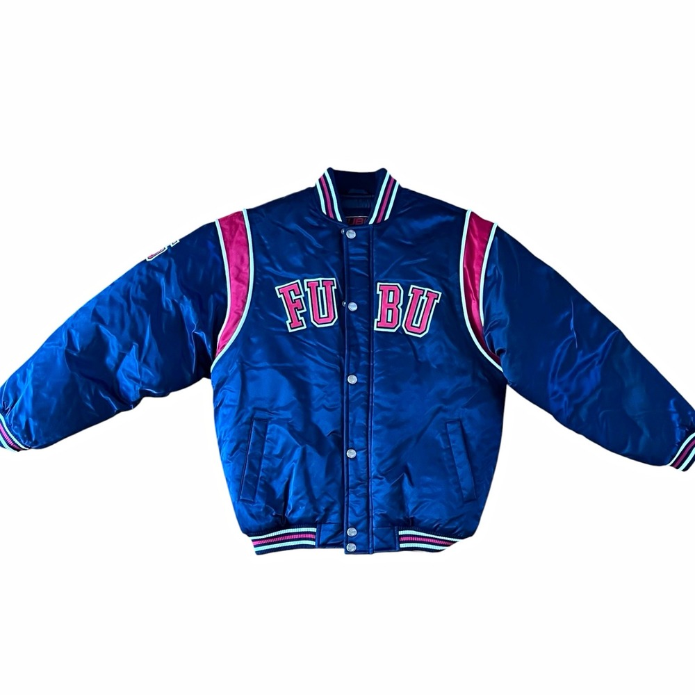 FUBU Blue Varsity Jacket L Snap Front Lined Embroidered Logo 90s Short